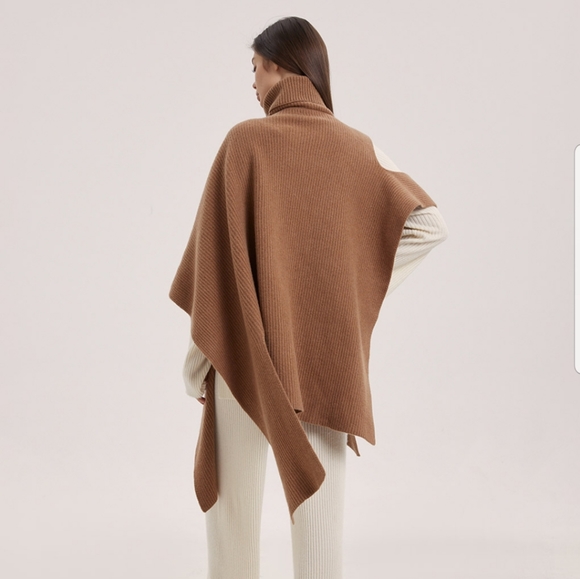 Asymmetric Wool Turtleneck Poncho in Mustard (Camel) - Nap Loungewear - Picture 3 of 10